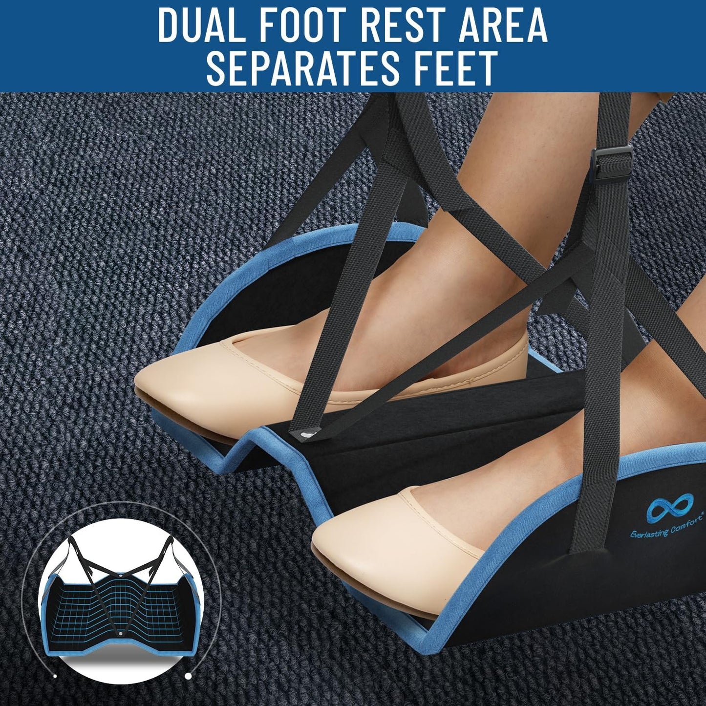 Everlasting Comfort Airplane Footrest - Ergonomic Adjustable Foot and Heel Hammock - Memory Foam Portable Air Plane Flying Travel Foot Rest - Long Airplane Flight Accessories for Feet (Black)