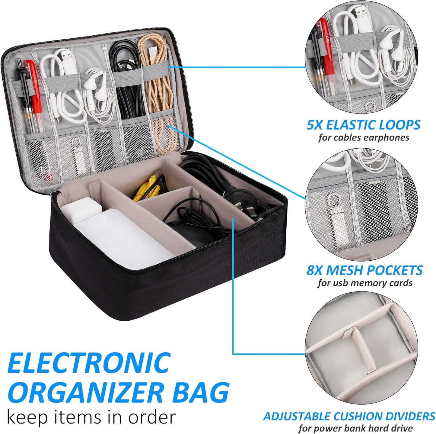 QIMEI-SHOP Electronic Accessories Bag Waterproof Case for Electronics Multifunctional Organizer for Hard Disk Cables Portable Charger Tablet, Black, modern