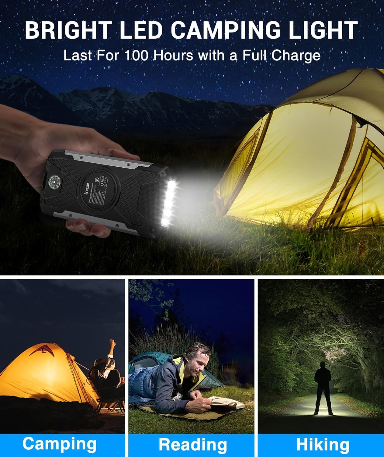 Solar Charger 38600mAh,Solar Power Bank Wireless Portable Charger Built in 3 Cables External Battery Pack Waterproof with 4 Outputs 2 Inputs USB C 15 W 5V/3A Battery Bank with Camping Light Compass
