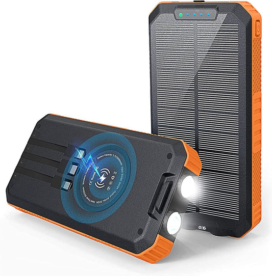 Solar Power Bank 30000 mAh,Wireless Portable Solar Power Bank Fast Charge Solar Phone Charger Power Bank with 3 Cables & LED Flashlights(Waterproof, Dustproof) Compatible with iOS & Android