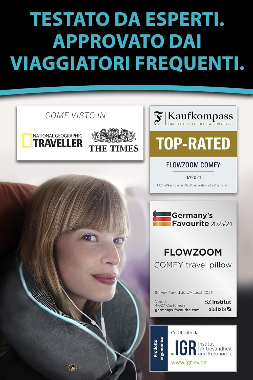 FLOWZOOM Comfy Airplane Car Memory Foam Travel Pillow - Adjustable Neck Pillow with 360° Support, Washable Velvety Cover and Mesh Carry Bag - Grey