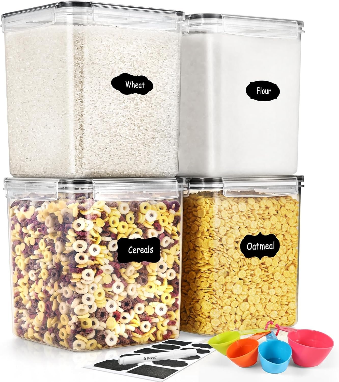 Feshory 4 Pack Extra Large Airtight Food Storage Containers (5.2 L/Each) - Cereal Rice Dispenser, Pantry Organiser with 100% Leak-Proof Lids for Kitchen & Home Organisation