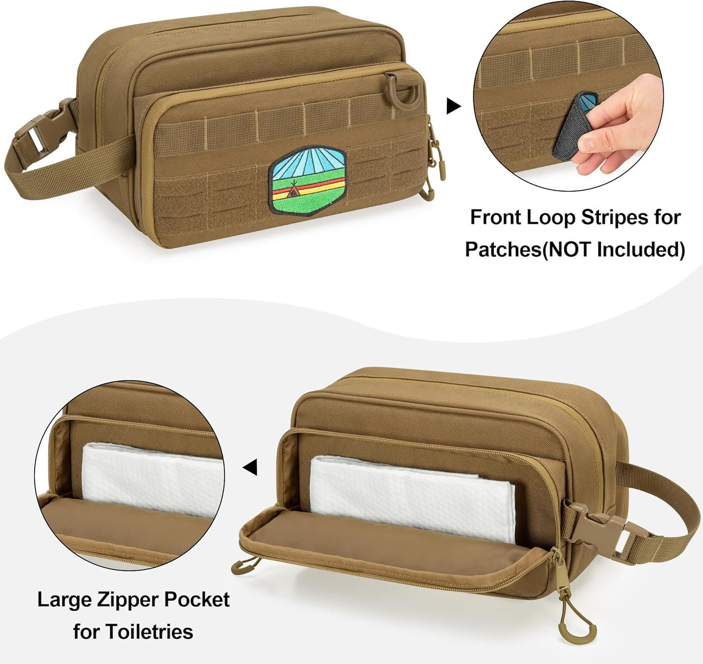 Prokva Tactical Toiletry Travel Bag for Men, Dopp Kit Shaving Organizer Case for Toiletries, Shower and Grooming Care Accessories, Khaki(Empty Bag Only, Patent Design)