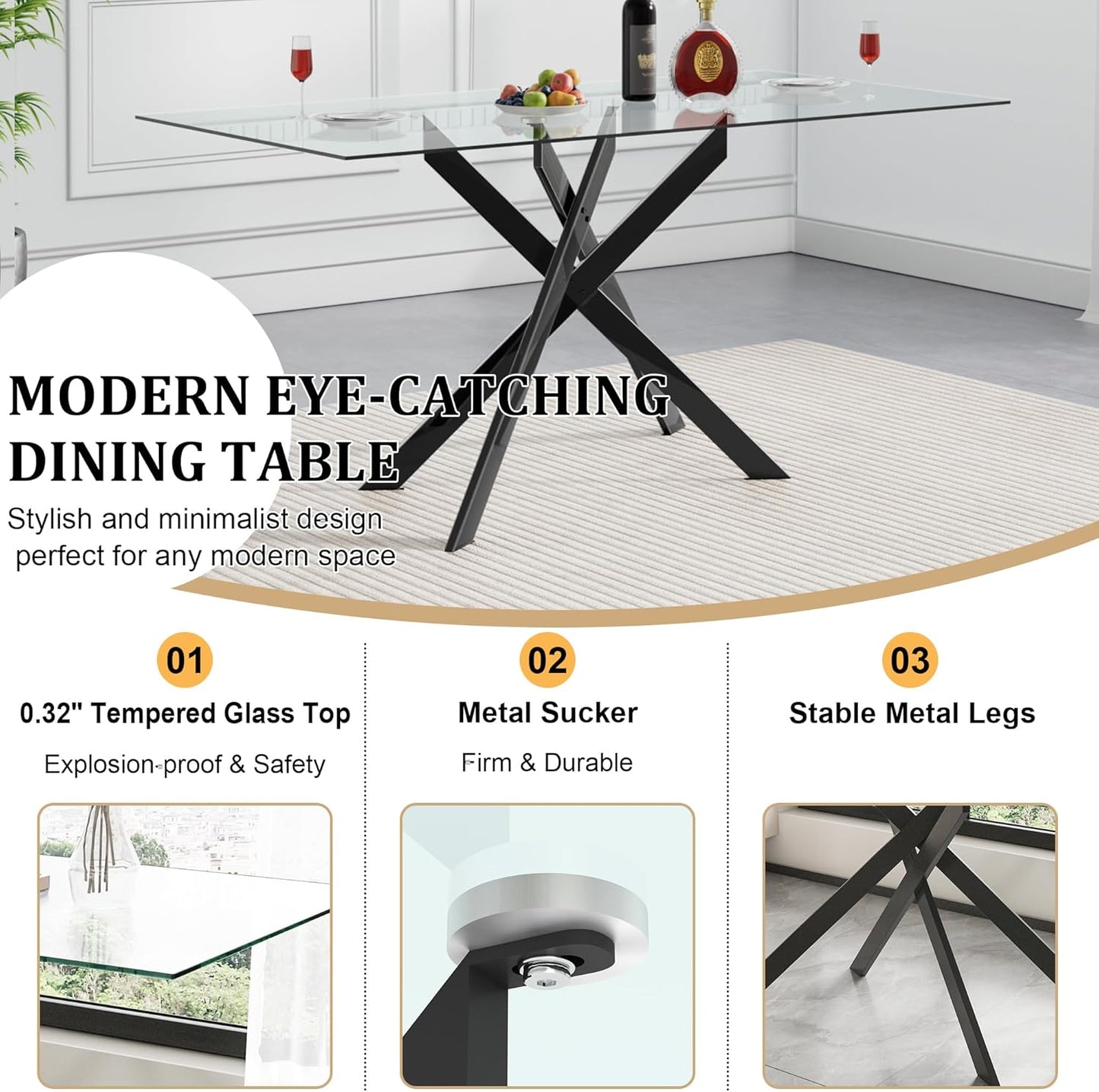 51inch Modern Dining Table for 4, Glass Kitchen Dining Room Table for 4, 0.32" Rectangular Tempered Glass Tabletop and Black Metal Legs,Rectangle Clear Glass Table for Kitchen, Dining Room