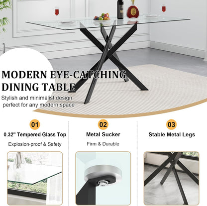 51inch Modern Dining Table for 4, Glass Kitchen Dining Room Table for 4, 0.32" Rectangular Tempered Glass Tabletop and Black Metal Legs,Rectangle Clear Glass Table for Kitchen, Dining Room