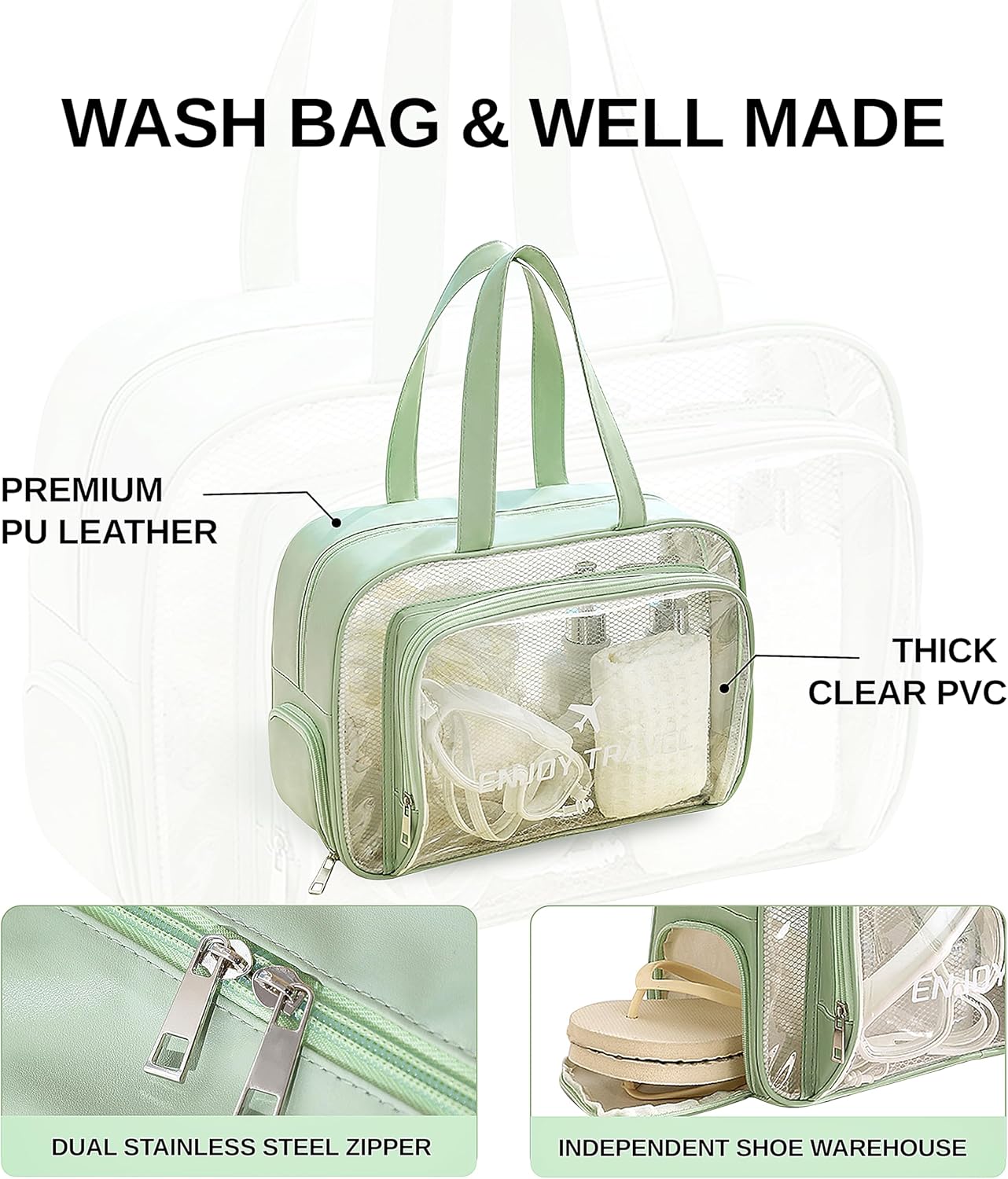 TALOMON Transparent PVC & PU Makeup Bag - Large Capacity, Wet/Dry Separation with Two or Three Partitions, Travel Toiletry Bag for Skincare, Beach & Poo（ Green