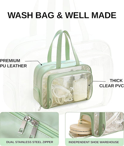 TALOMON Transparent PVC & PU Makeup Bag - Large Capacity, Wet/Dry Separation with Two or Three Partitions, Travel Toiletry Bag for Skincare, Beach & Poo（ Green