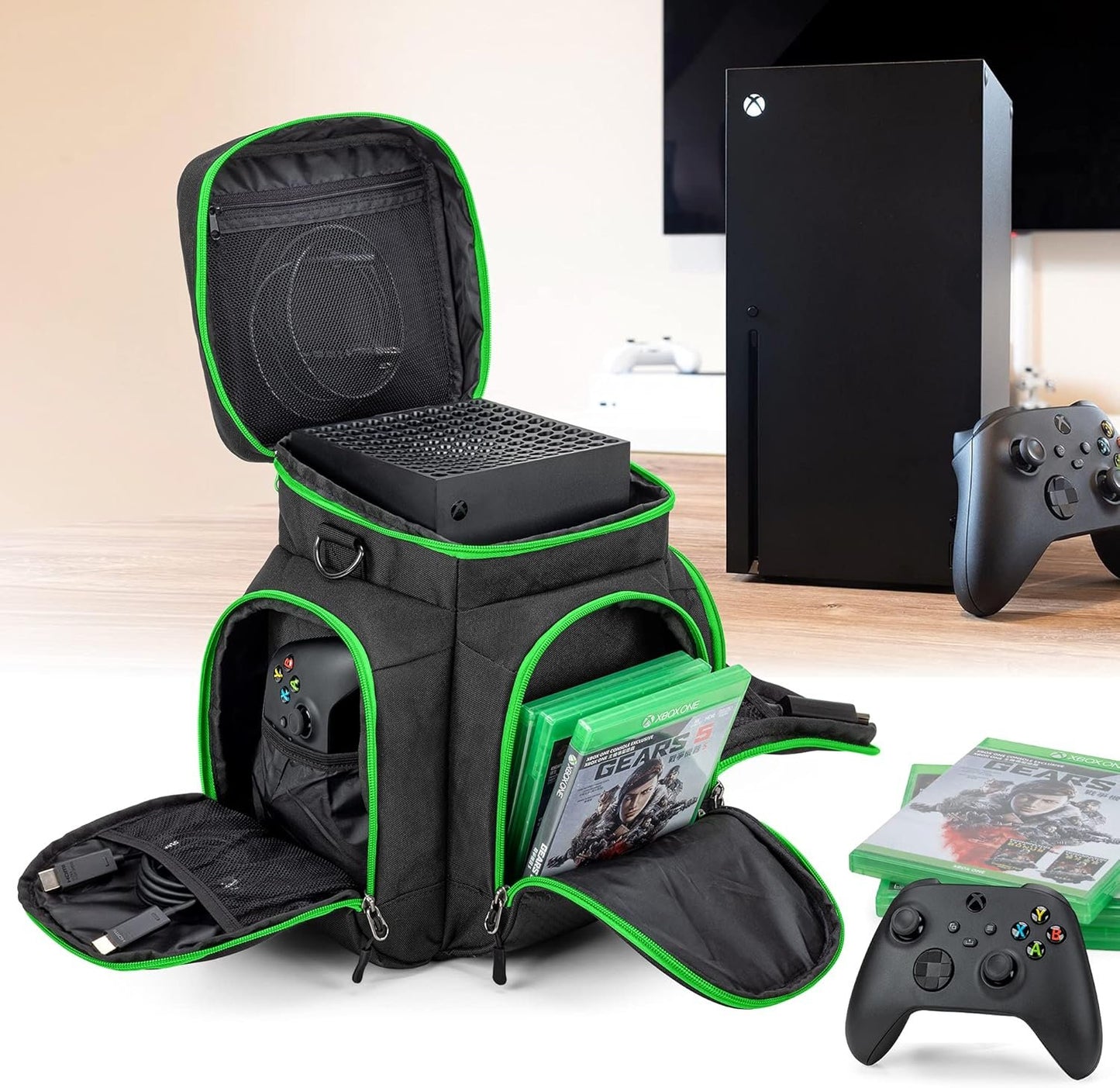 Trunab Console Carrying Case Compatible with Xbox Series X, Travel Bag with Multiple Storage Pockets for Xbox Controllers, Games, Cables and Other Accessories, Green (Patented Design)