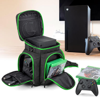 Trunab Console Carrying Case Compatible with Xbox Series X, Travel Bag with Multiple Storage Pockets for Xbox Controllers, Games, Cables and Other Accessories, Green (Patented Design)