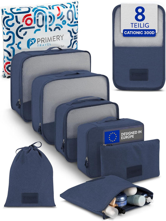 PRIMERY 8 Pack Packing Cubes Suitcase Organizer (Blue) - Packing Cubes and Bags for Holiday and Travel - Suitcase Bags for Clothes, Shoes, Underwear - Suitcase Travel and Travel Suitcase