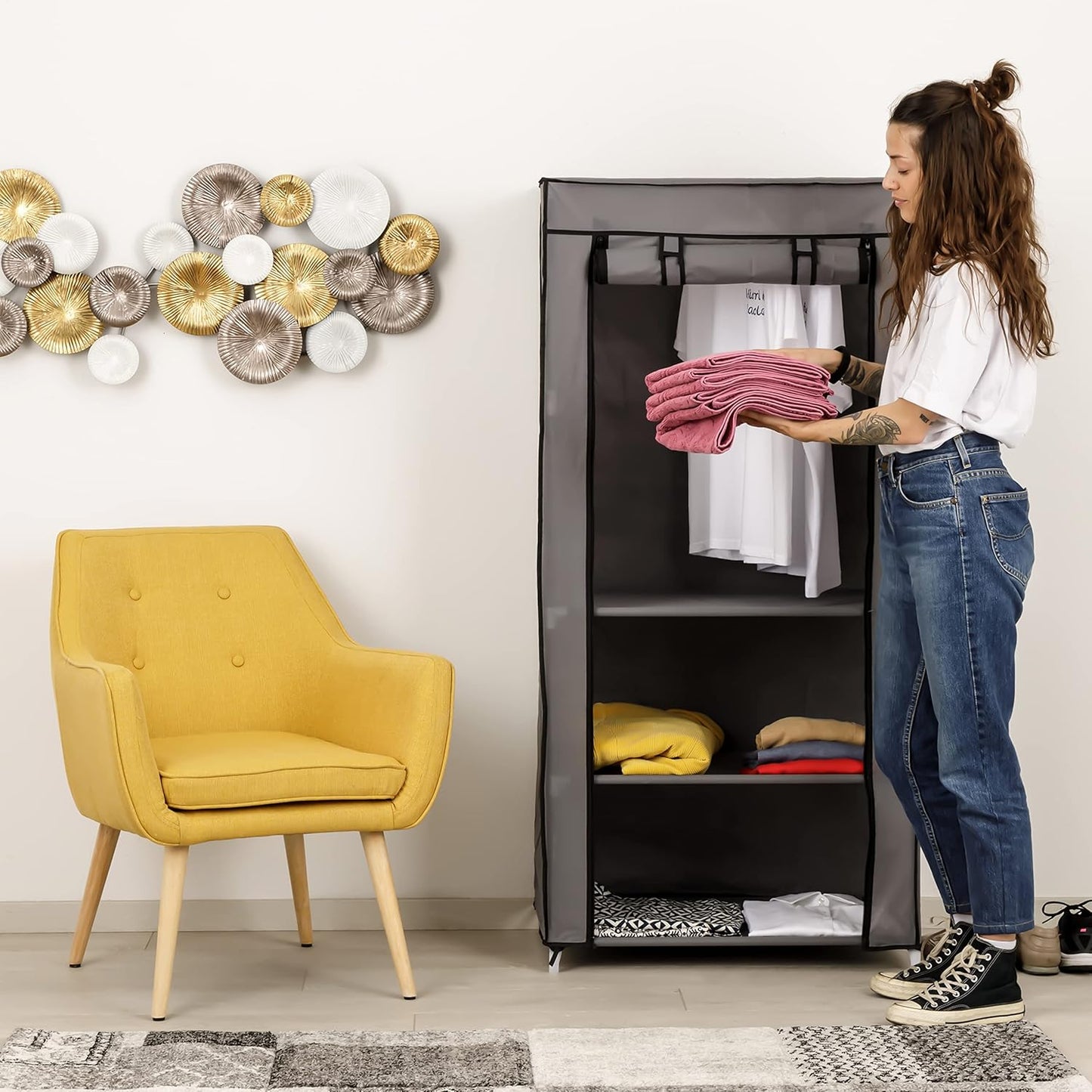 Baroni Home Folding Fabric Closet, Space-Saving Folding Furniture with Iron Frame for Bedroom, Walk-in Closet, Grey, 3 Shelves, 1 Clothes Rail, 70 x 46 x 148 cm