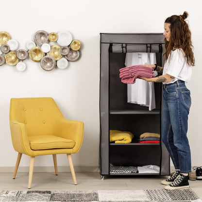 Baroni Home Folding Fabric Closet, Space-Saving Folding Furniture with Iron Frame for Bedroom, Walk-in Closet, Grey, 3 Shelves, 1 Clothes Rail, 70 x 46 x 148 cm