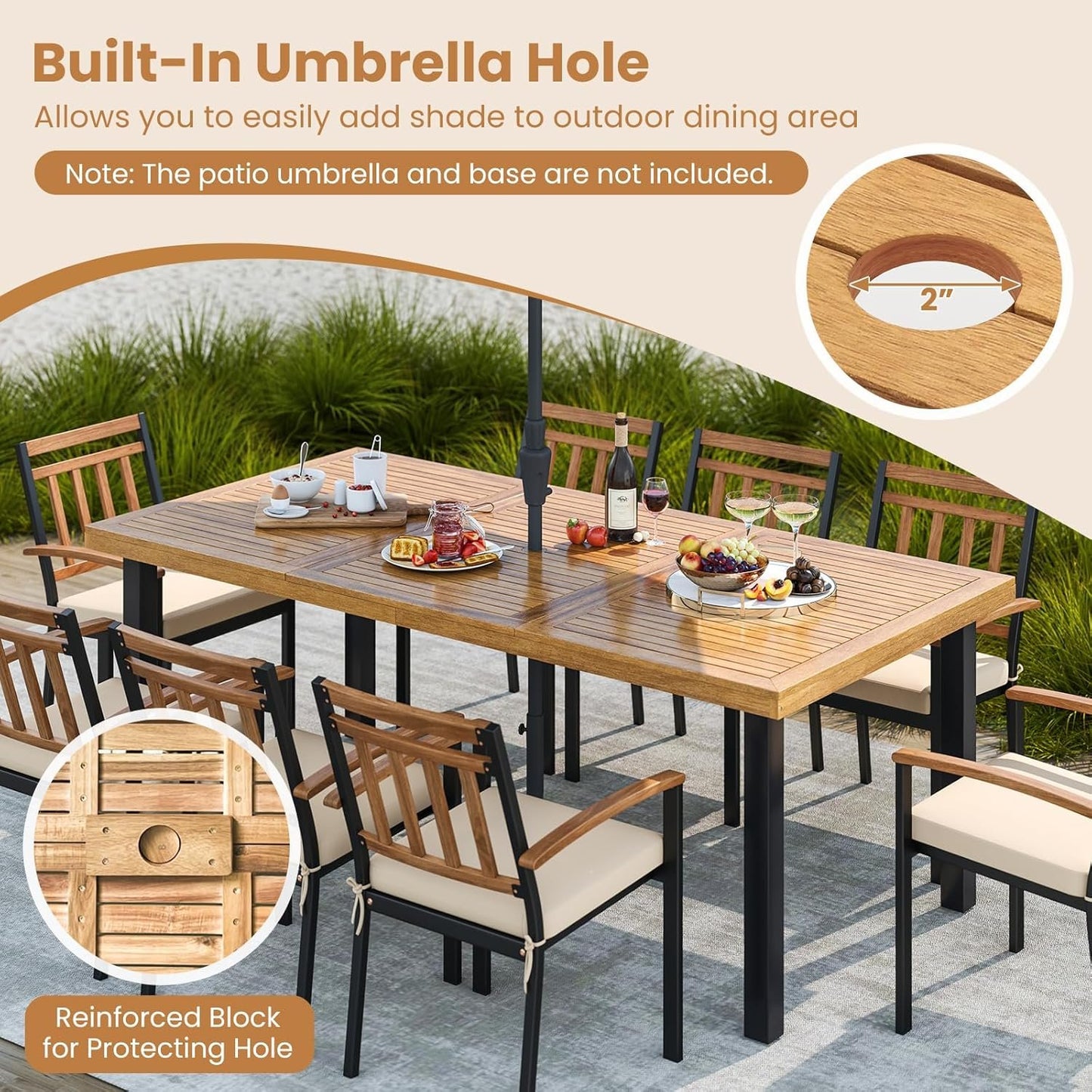 RELAX4LIFE Patio Outdoor Dining Table for 8, 79’’ x 39.5’’ Acacia Wood Rectangular Table w/Slatted Top, Umbrella Hole & Metal Legs, Indoor Outdoor Picnic Bistro Table, 8-Person Patio Dining Table