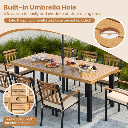 RELAX4LIFE Patio Outdoor Dining Table for 8, 79’’ x 39.5’’ Acacia Wood Rectangular Table w/Slatted Top, Umbrella Hole & Metal Legs, Indoor Outdoor Picnic Bistro Table, 8-Person Patio Dining Table