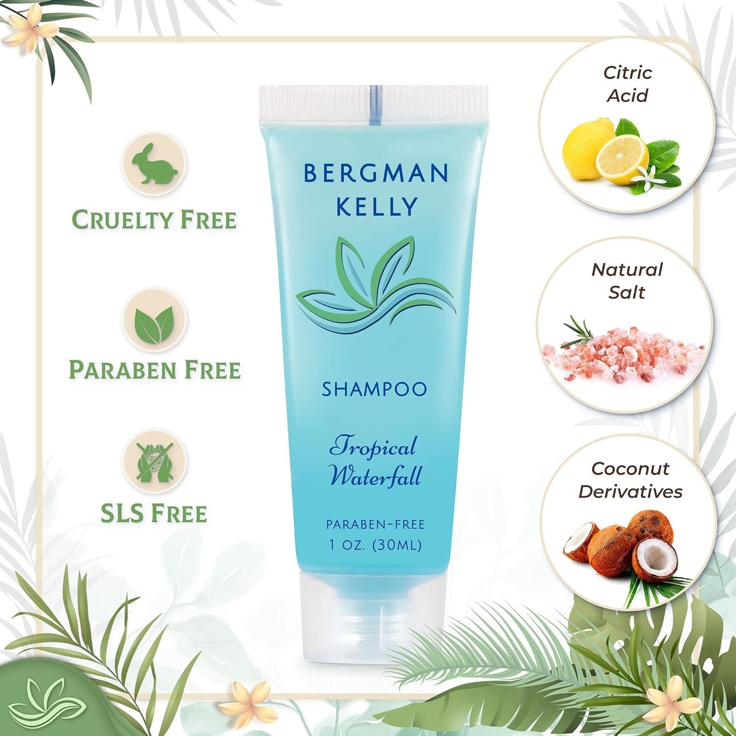 BERGMAN KELLY Hotel Toiletries Bundle - Tropical Waterfall, 1 oz each, 125 Pcs - 5-Piece Set: 25 Round Bar Soap, 25 Shampoo, 25 Conditioner, 25 Body Lotion & 25 Body Wash - Bulk Mini Guest Amenities