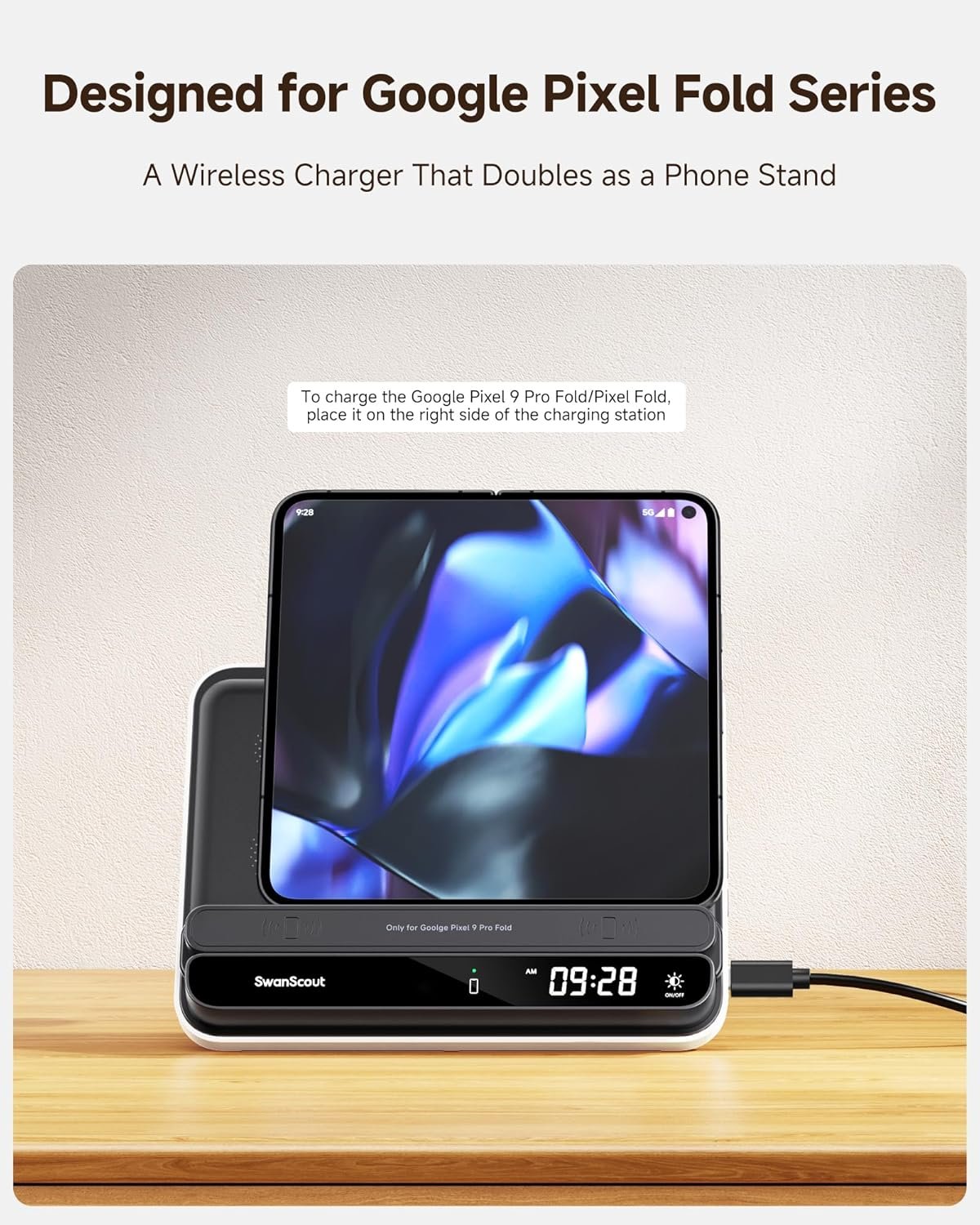 SwanScout Charging Station for Pixel 9 Pro Fold/Pixel Fold/9 Pro/8/7, Wireless Charger for Pixel Watch 3/2/Fitbit Versa 4/3/Sense 2(Not for Pixel Watch 1), for Pixel Buds Pro 2, SwanScout 710FG2