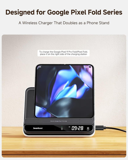 SwanScout Charging Station for Pixel 9 Pro Fold/Pixel Fold/9 Pro/8/7, Wireless Charger for Pixel Watch 3/2/Fitbit Versa 4/3/Sense 2(Not for Pixel Watch 1), for Pixel Buds Pro 2, SwanScout 710FG2
