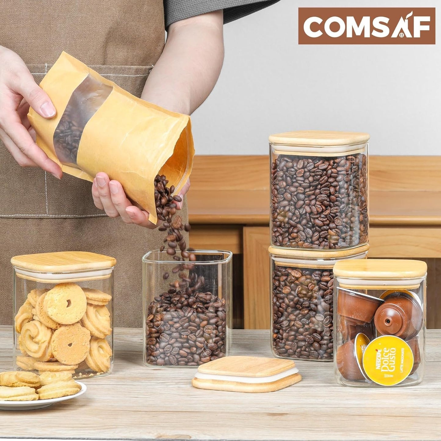 ComSaf Glass Food Storage Jars Set of 6, 27oz/800ml Clear Containers with Airtight Bamboo Lid, Pantry Organization Jar, Spice, Blooming Tea, Coffee and Sugar Container, Canister for Kitchen Square