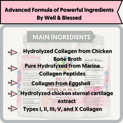 Multi Premium Collagen Supplements for Women with Vitamin C, E -Tighten Skin, Reduce Wrinkles, Strong Nails, Joints & Hair Growth - Anti Aging Skin Care Supplements for Women -90 Capsules
