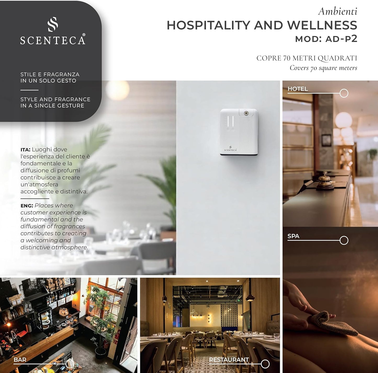 SCENTECA® AD-P2 Fragrance Diffuser for Home and Commercial Use Mist, Connectable Hvac, Coverage up to 70 m², 100ml Fragrance Included "Summer Scent"