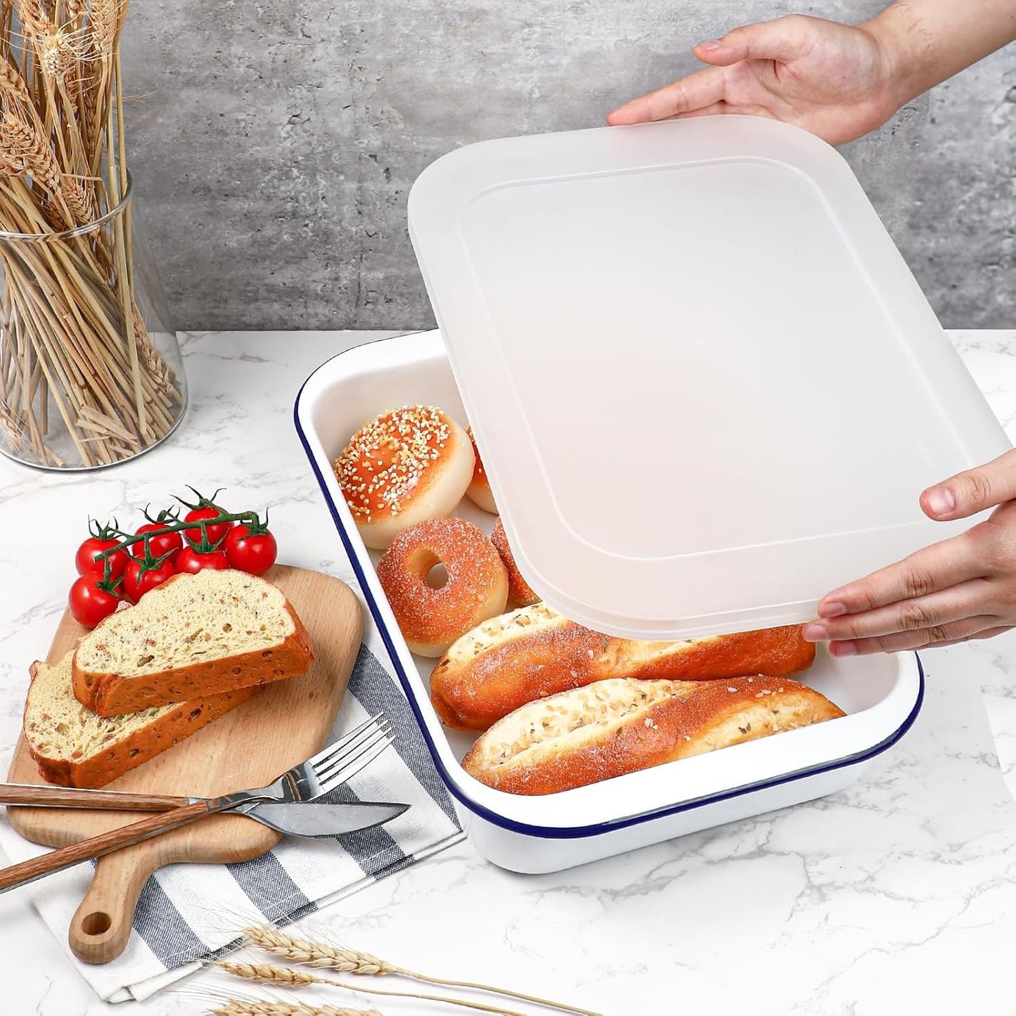 Webake Enamelware 9x13 Baking Pan Oblong Cake Pan Enameled Steel Roasting Pan Baking Dish Lasagna Pan Food Containers, Solid White with Blue Rim