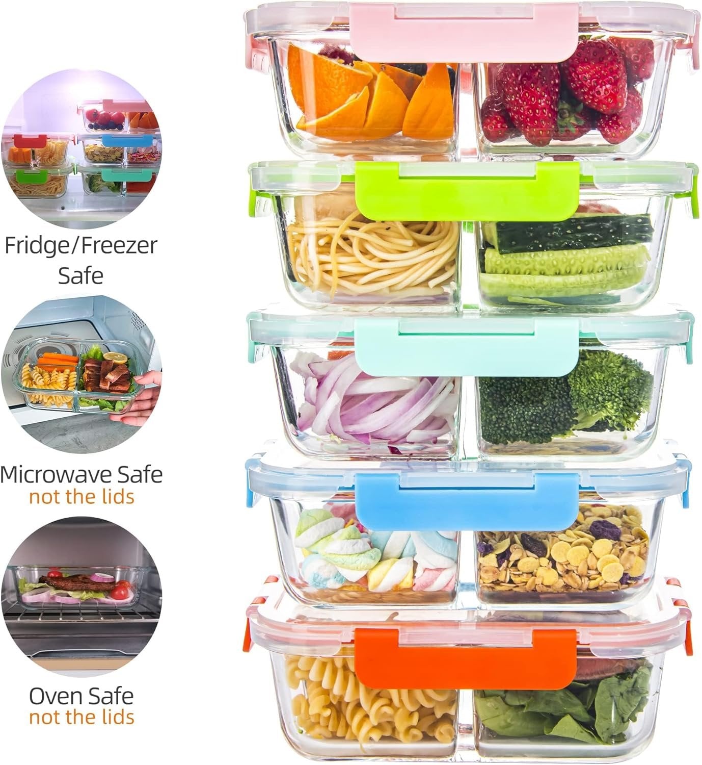 YOZOTI Glass Meal Prep Containers 3 Compartments Portion Control with Upgraded Snap Locking Lids Glass Food Storage Containers, Microwave, Oven, Freezer and Dishwasher (Black 5 Pack 3 Compartments)