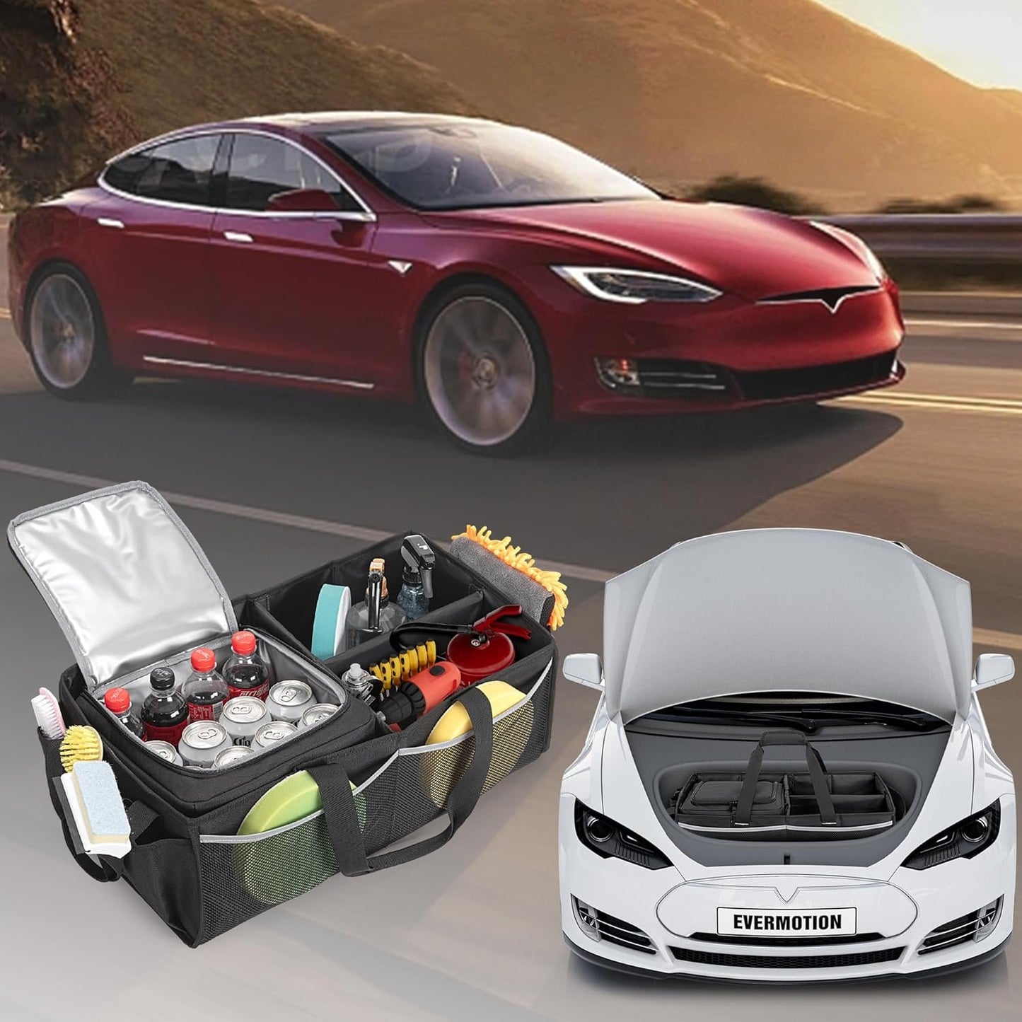 GRAOSO Front Trunk Organizer with Cooler Bag Compatible with Tesla Model 3 / Model Y, Frunk Storage Bag Collapsible with Multi-Compartment for Trip Accessories, Tools, Food and Drink, Black