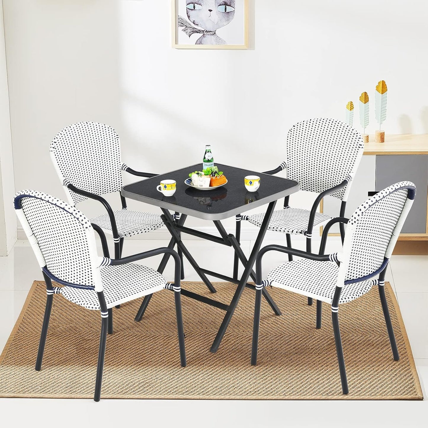 Tangkula Patio Folding Square Dining Table, 27.5” Rustproof Aluminum Coffee Table w/Tempered Glass Tabletop, Portable Indoor Outdoor Bistro Glass Table for Balcony Backyard Poolside (Black)