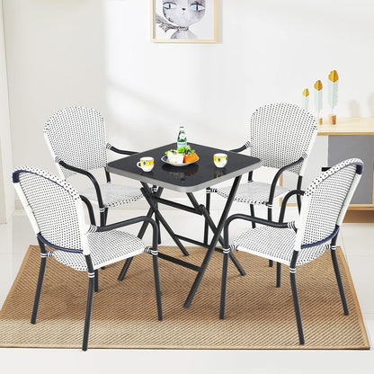 Tangkula Patio Folding Square Dining Table, 27.5” Rustproof Aluminum Coffee Table w/Tempered Glass Tabletop, Portable Indoor Outdoor Bistro Glass Table for Balcony Backyard Poolside (Black)