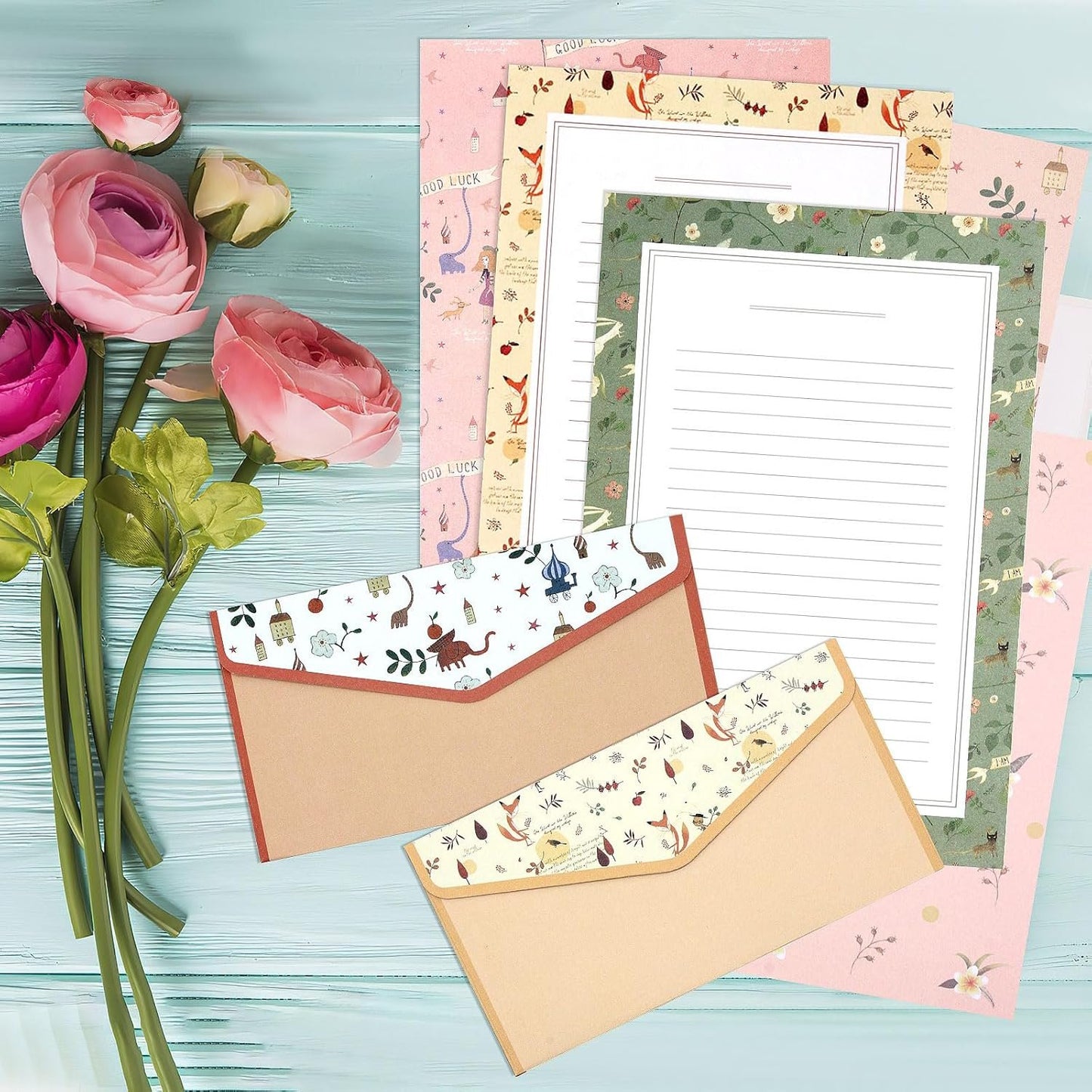 KSIWRE Stationery Writing Paper with Envelopes, Sweet Floral Style Lined Stationary Paper，36 PCS Letter Writing Paper with 18 PCS Envelopes, for Invitations Gifts Holiday Wishes