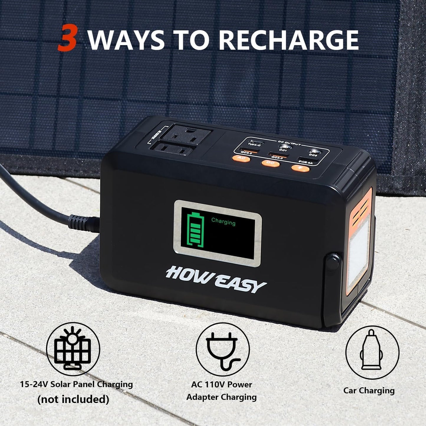 HOWEASY 120W Portable Power Bank, 88WH/24000mAh Portable Laptop Charger Battery Backup with 2 110V/120W AC Socket/ 2 DC Ports/3 USB QC3.0/LED Light for CPAP Outdoor Camping Trip Hunting Emergency