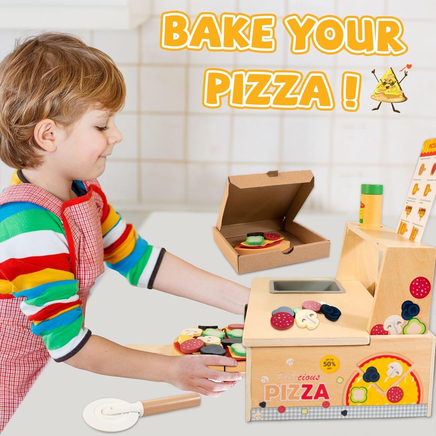 HELLOWOOD Wooden Pizza Counter Play Set Top & Bake Toy Set with Pizza Cutter 49 PCS Pretend Play Food Kitchen Set for Preschoolers Kids Boys Girls Ages 3+…