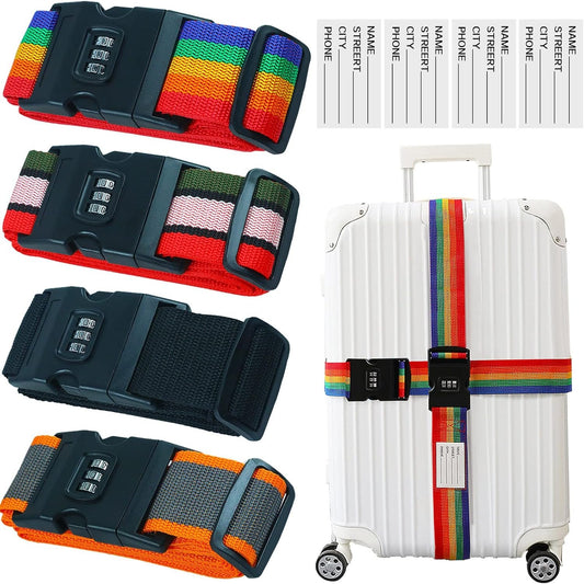 Koycbiao Luggage Strap, Heavy Duty Adjustable Suitcase Travel Belts Carry Bag for Connecting Your Luggage, Non Slip Travel Luggage Straps with Suitcase Tags for Trip, Outdoor Activities 4 Packs