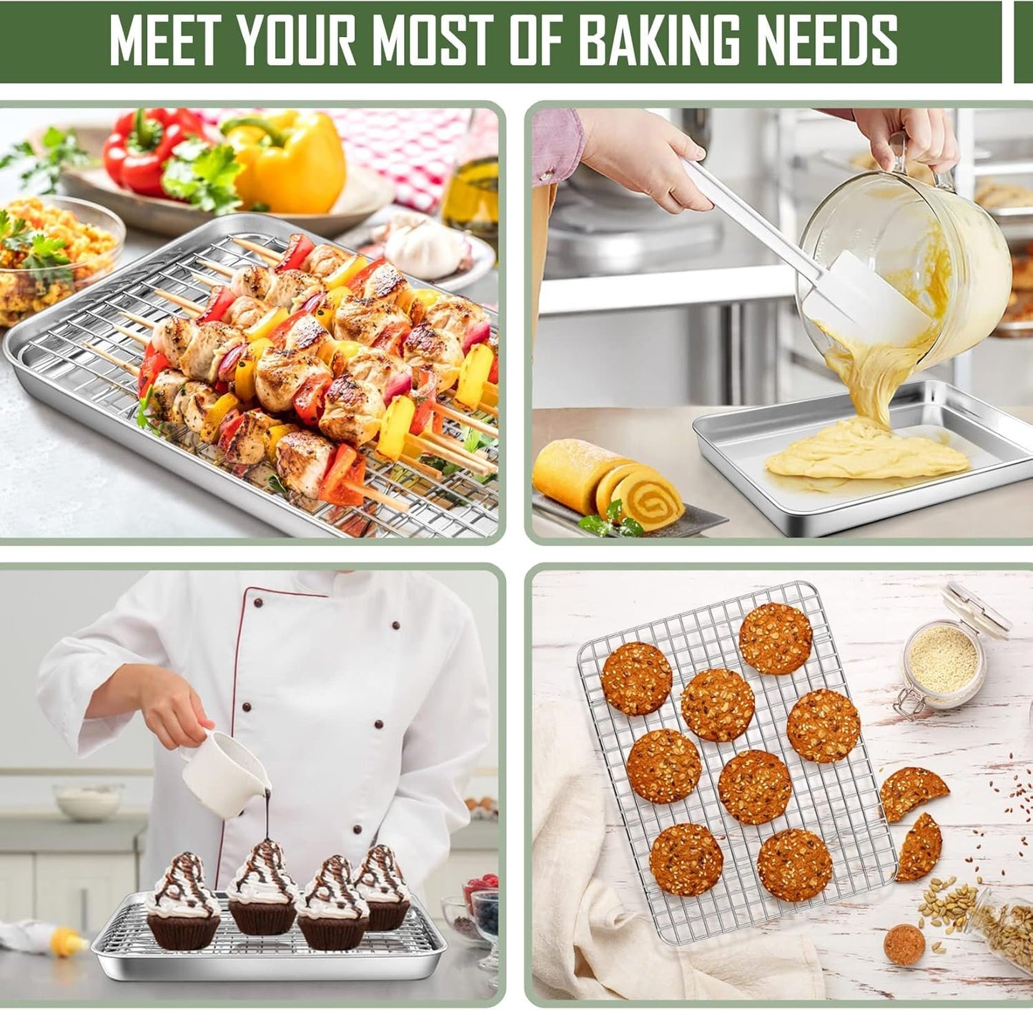 10.4 Inch Baking Pan with Rack Set, Joyfair Stainless Steel Rectangular Toaster Oven Cookie Pan with Cooling Rack, Professional Bakeware, Extra Thick & Rolled Rim, Dishwasher Safe