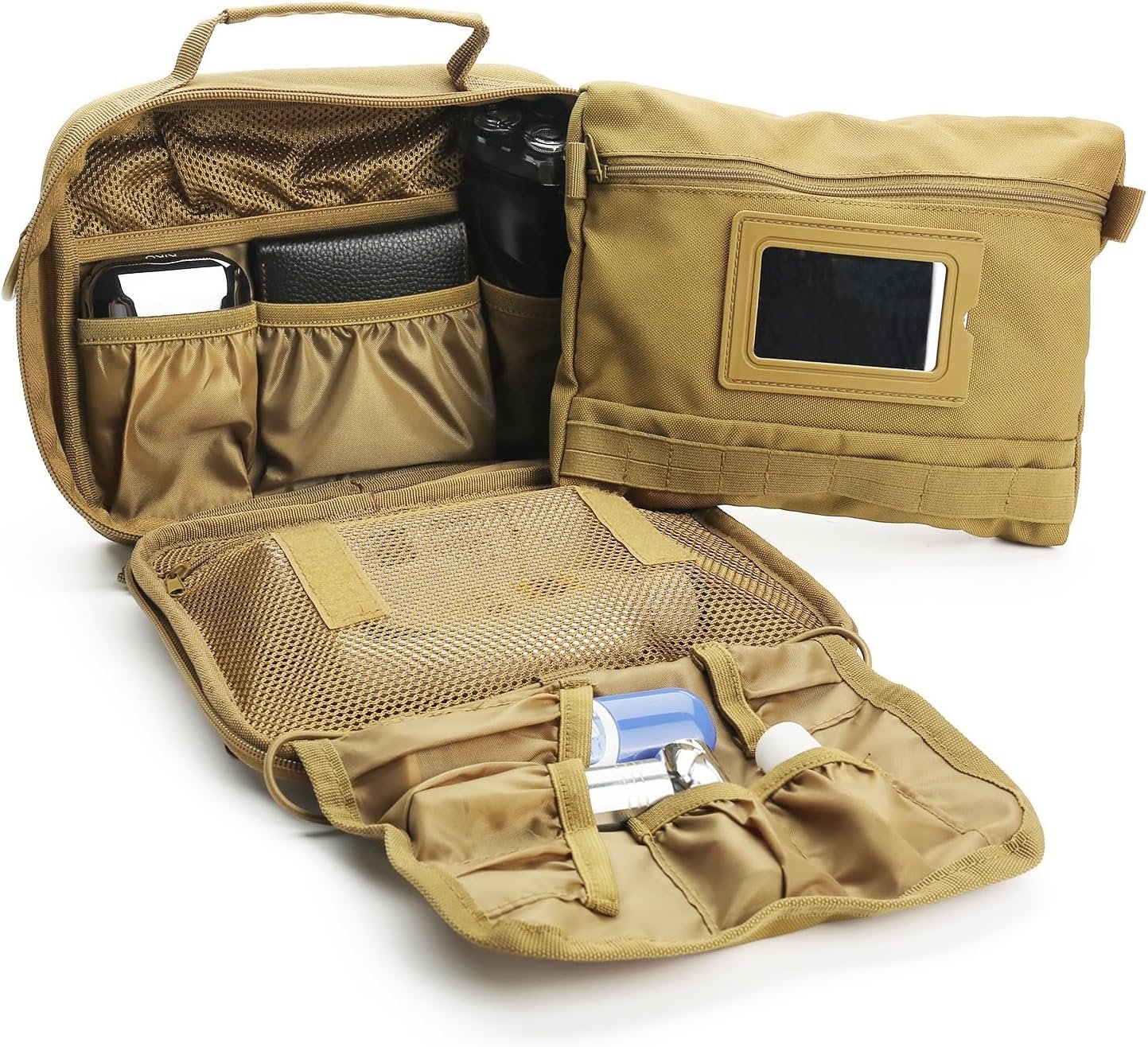 SMONT Tactical Toiletry Bag for Men, 9.5" Hanging Dopp Kit Shaving Hygiene Bag for Traveling Bathroom, Khaki, Travel