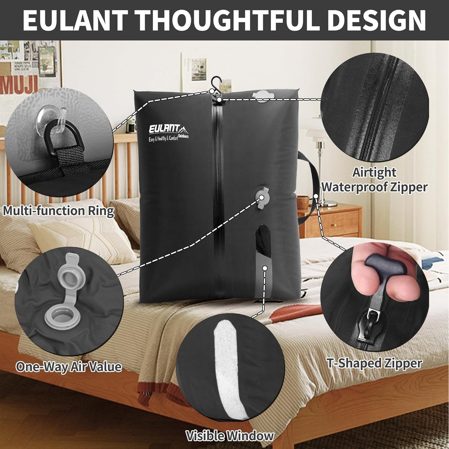 EULANT Reusable TPU Vacuum Bags for Travel, Vacuum Compression Bag with Airtight Zipper IP67 for Suitcases/Luggage/Backpacks, Waterproof and Space-saving, 43.5 x 33 x 15 cm
