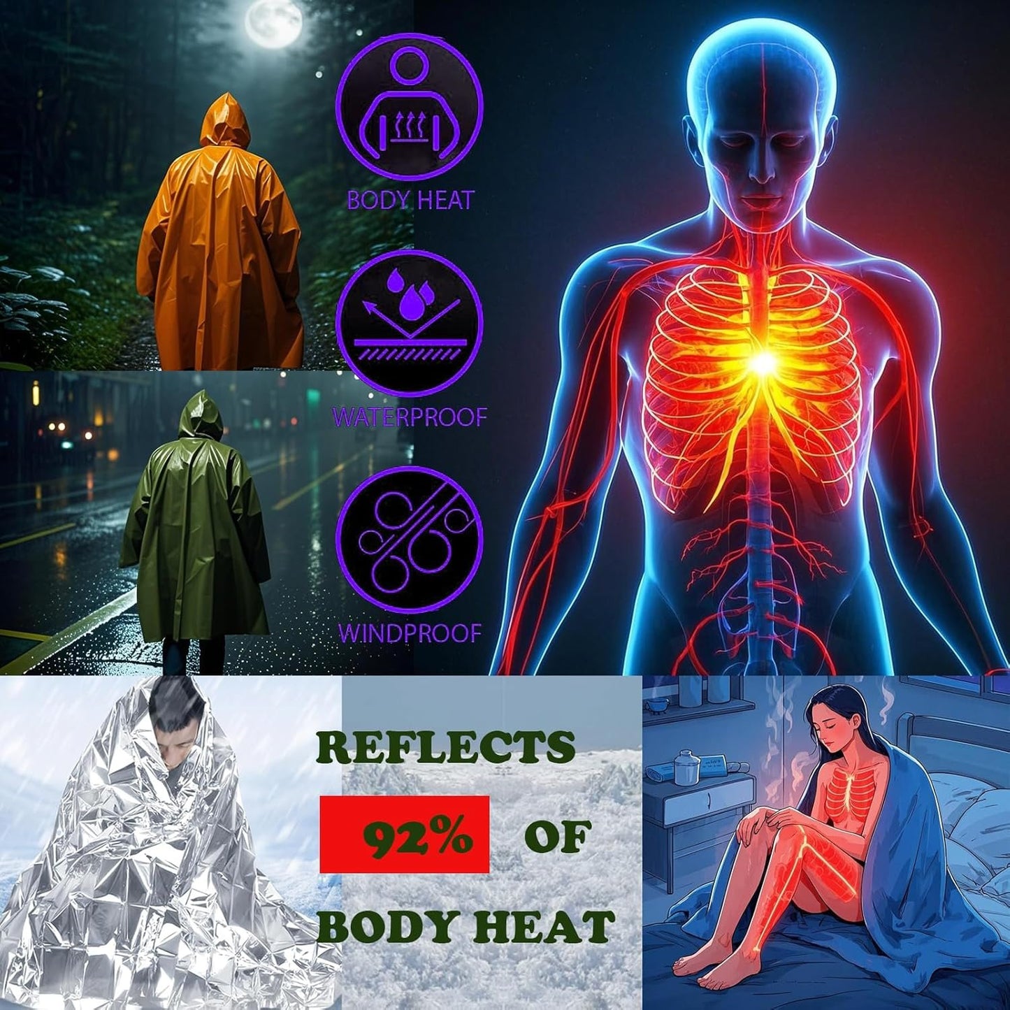 4X Survival Gear kit, Emergency Poncho (2pc), Emergency Space Blanket (2pc), Mylar Liner - Retains 92% Body Heat, for Outdoors, Hiking, Camping, Bug Out Bag, Marathons or First Aid, Car (Green)