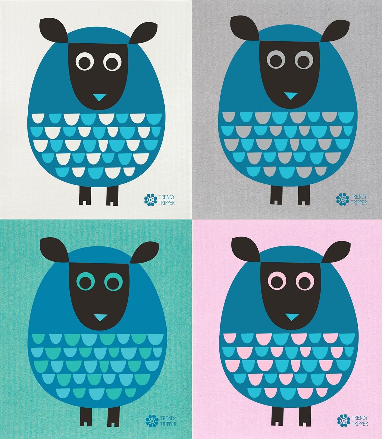 Earth-Friendly Reusable Compostable Eco Sponge Cloth | AKA Swedish Dishcloth | Bespoke Cobalt Sheep - 4-pk