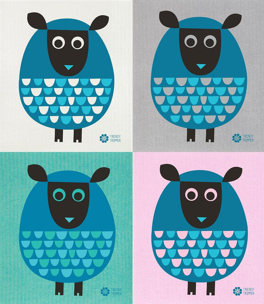 Earth-Friendly Reusable Compostable Eco Sponge Cloth | AKA Swedish Dishcloth | Bespoke Cobalt Sheep - 4-pk