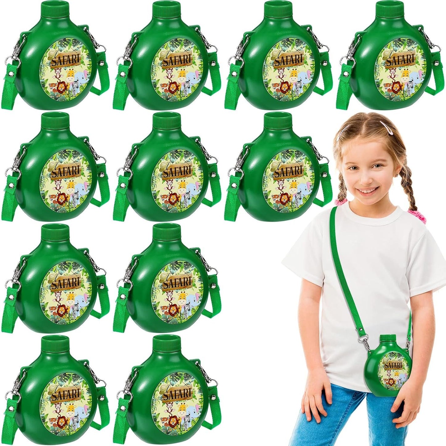 Kids Canteens with Straps Army Green and Safari Stickers, 10 oz Plastic Reusable Party Canteen Water Bottle Cups Drinkware Bulk for Kids Camp Adventure Birthday Party Supplies (12 Set)