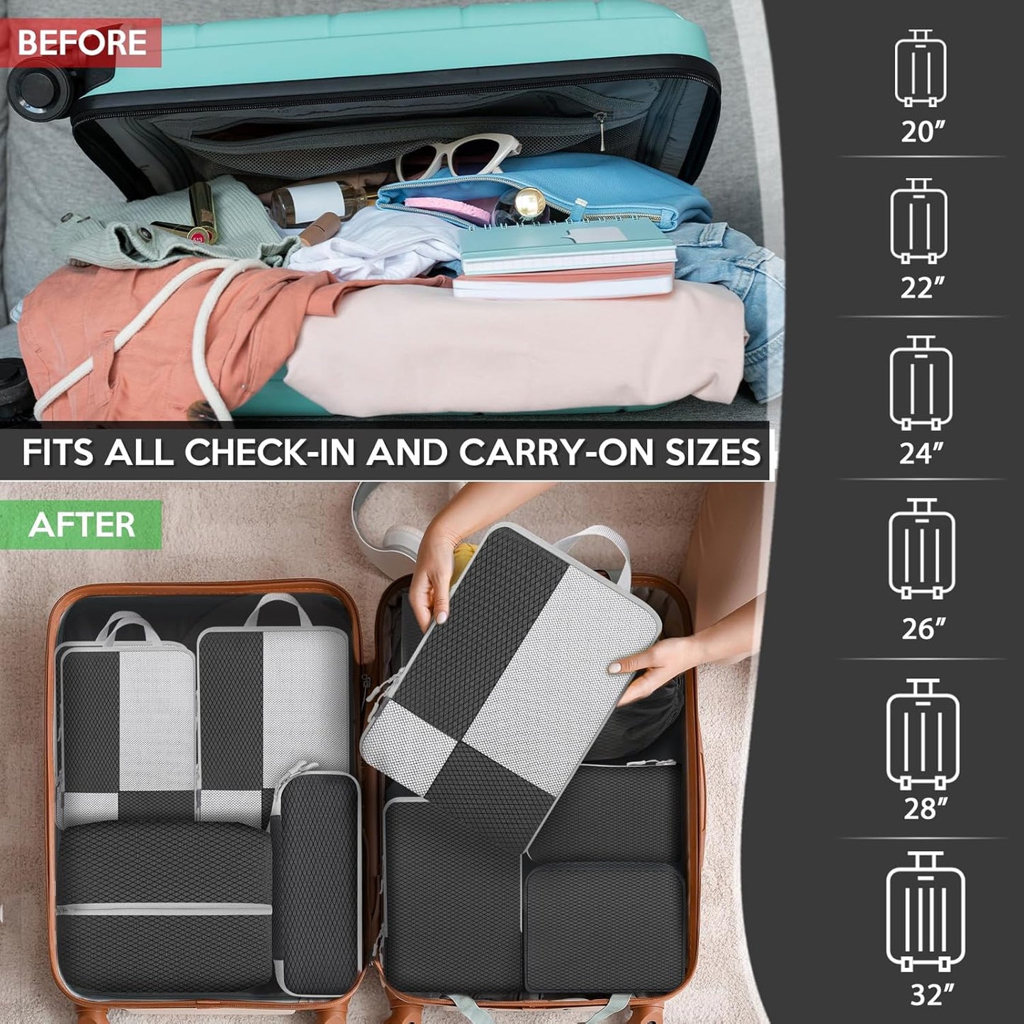 Avmvnvc Suitcase Organizer, 10 Piece Set Travel Organizer Space Saving Suitcase Organizer Compression Packing Cubes Packing Cubes Organizer Suitcase for Clothes, Cosmetics, Black