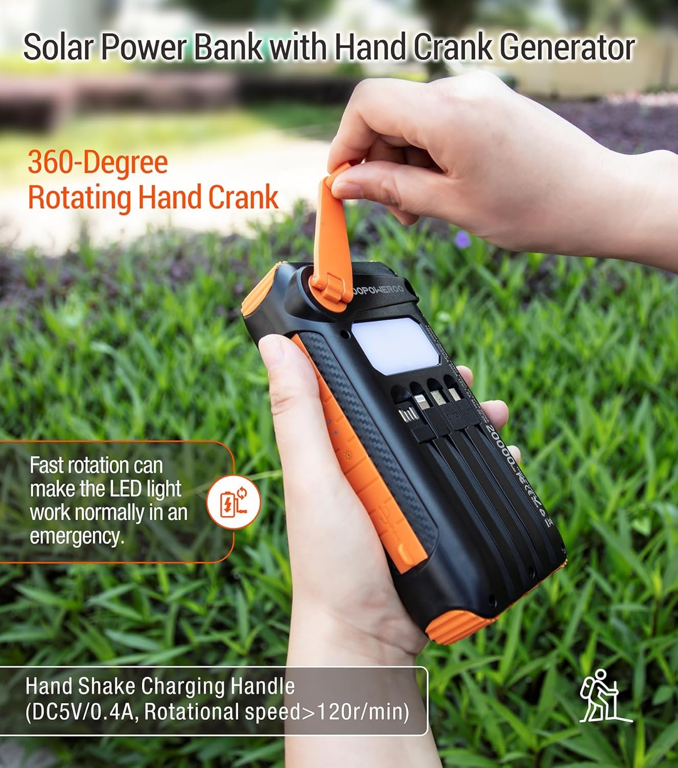 OOPOWEROO Solar Power Bank 20000mAh Built in Hand Crank and 4 Cables 22.5W Fast Charge Power Bank 5 Outputs & 5 Inputs Solar Portable Charger, SOS/Strobe/Strong Flashlights, Carabiner (Orange)