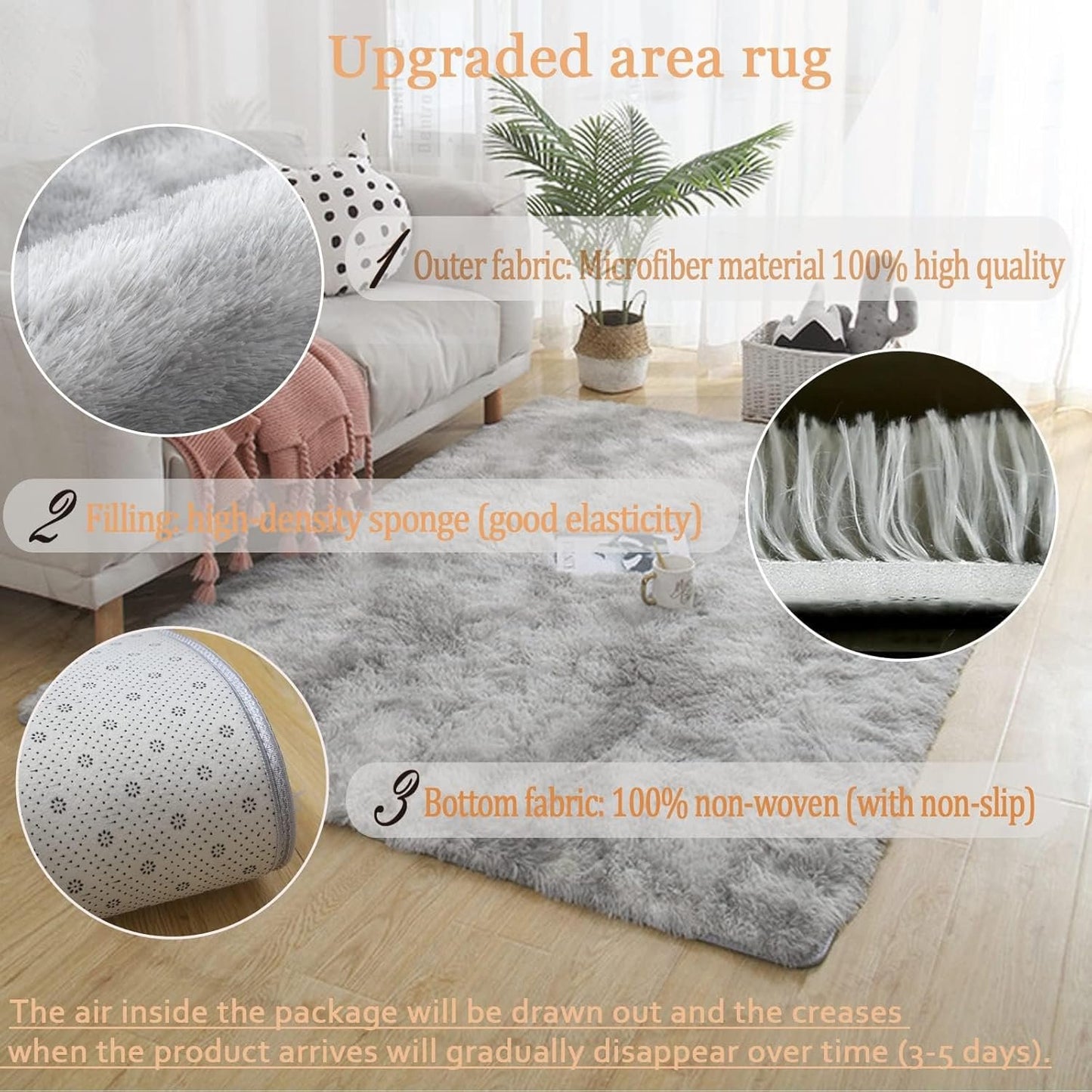Area Rugs 4'x5'3" Soft Fluffy Non-Slip Washable Carpet for Bedrooms, Living Room, Boys/Girls Room, Playroom Non-Slip, Grey