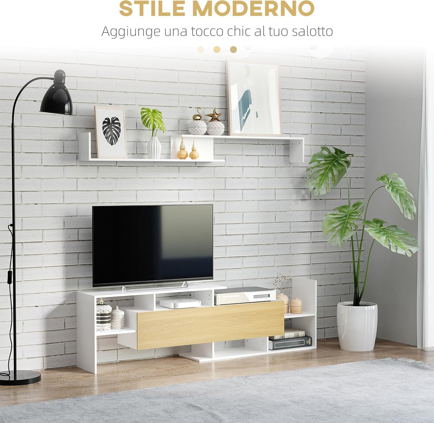HOMCOM TV Unit with Wall Shelf, Open Shelves and Wooden Cabinet, Modern TV Unit for Living Room and Bedroom, White and Wood