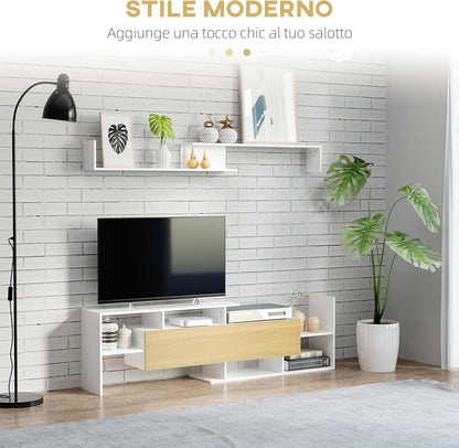 HOMCOM TV Unit with Wall Shelf, Open Shelves and Wooden Cabinet, Modern TV Unit for Living Room and Bedroom, White and Wood