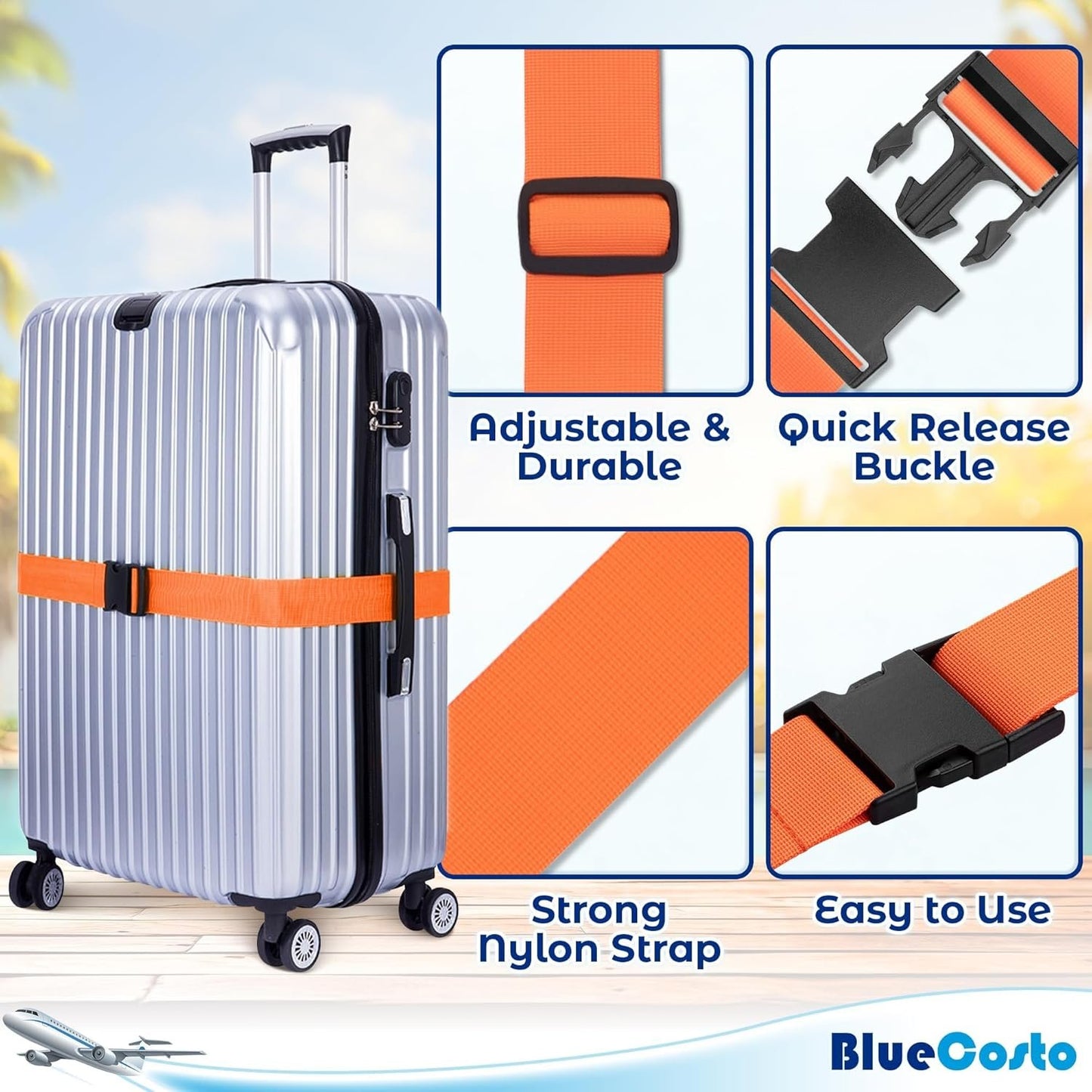 Luggage Straps for Suitcases - Orange, 4 PK - Premium Nylon Belts for Luggage Security - Heavy-Duty w/Adjustable Length (46â€-78â€) for Suitcase, Briefcase, Backpack & Travel Bag - by BlueCosto
