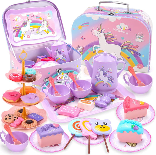 REMOKING 45PCS Unicorn Toys Tea Party Set for Girls,Birthday Gifts for Toddler Age 3+, Pretend Teapot,Dessert Playset, Carrying Case for Role Play,Princess Toy for 2-6 Year Old Kids