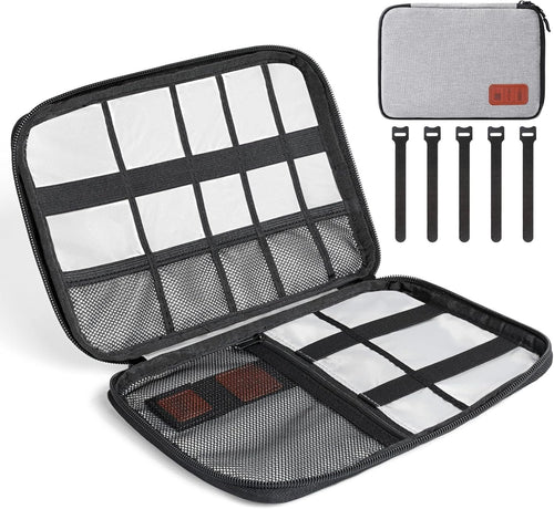 Cozary Cable Organizer, Portable Travel Case for Electronic Accessories, Travel Bag Cable Organizer Holder for USB Cables, SD Cards, Chargers, Hard Drive, Grey