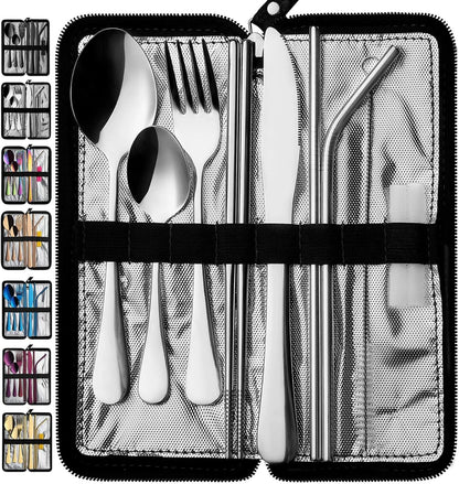 Portable Travel Utensils, Reusable Silverware with Case for Fixing Tableware, 9 Pieces Stainless Steel Stable Flatware Set, Camping Picnic Cutlery Set (Silver Set)