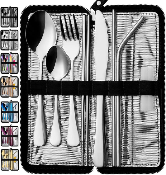 Portable Travel Utensils, Reusable Silverware with Case for Fixing Tableware, 9 Pieces Stainless Steel Stable Flatware Set, Camping Picnic Cutlery Set (Silver Set)